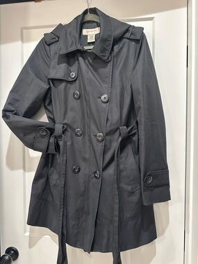 Jones New York Hooded Black Double-Breasted Trench with Belt